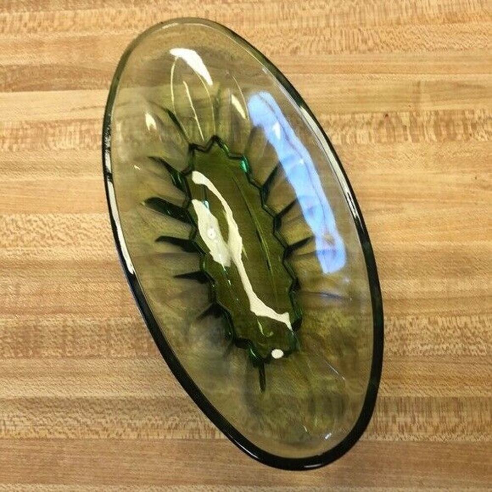 Vintage Green faceted Glass Mid Century Modern Oval Relish Dish 9 x 4.5x 2